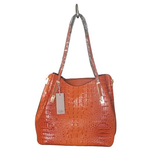 FAUX CROC SATCHEL WITH LONG CROSSBODY STRAP - Picture 4 of 9